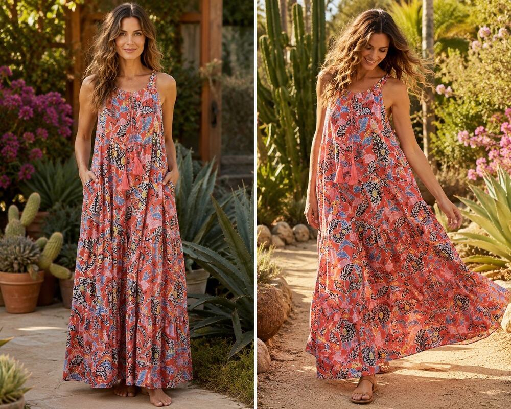 Sundance Tiered Maxi Dress Women's M Boho Resort Wear Tropical POCKETS
